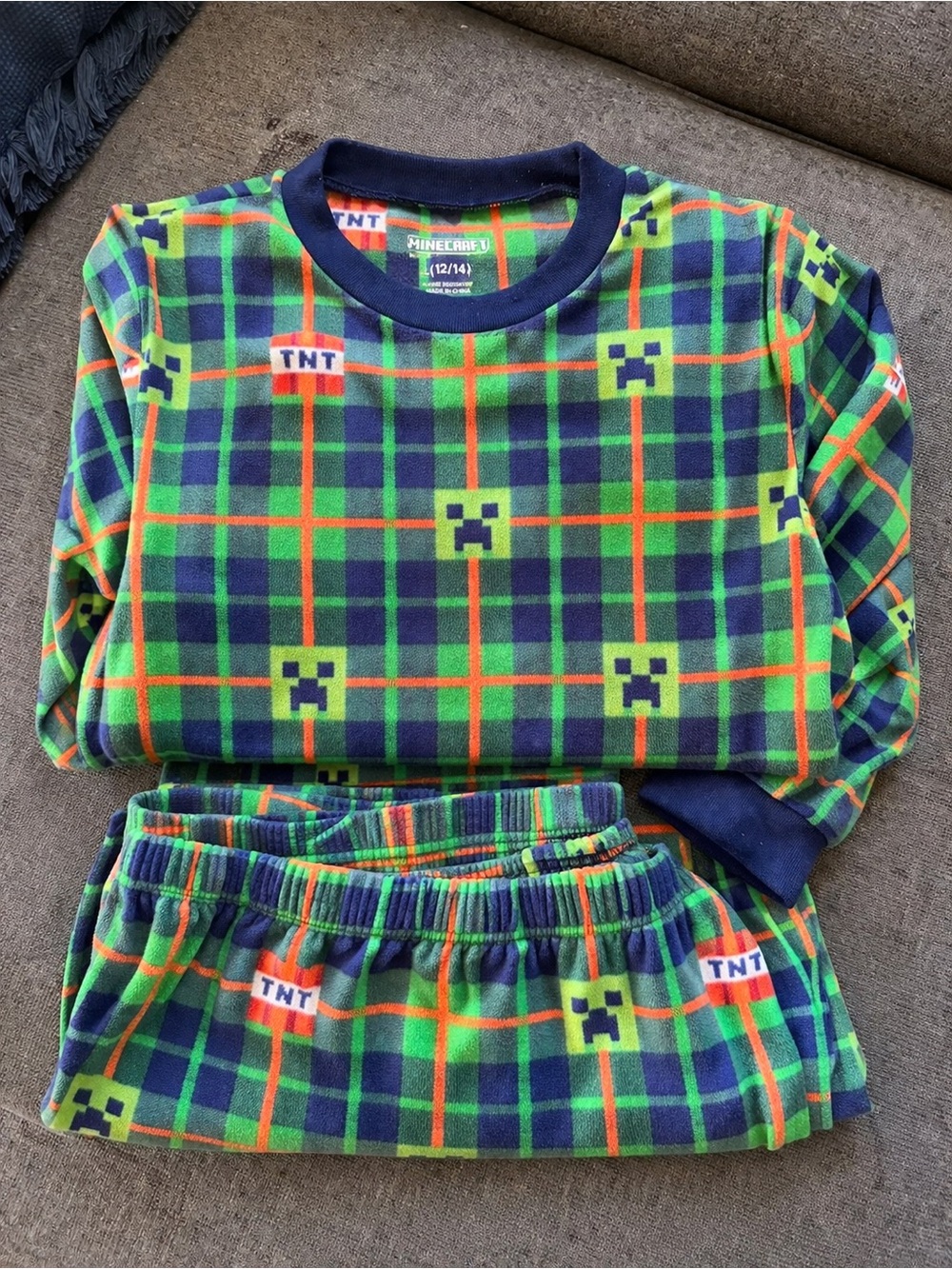 Minecraft Boys Fleece Pajama Set Size 12-14 Green Plaid Creeper